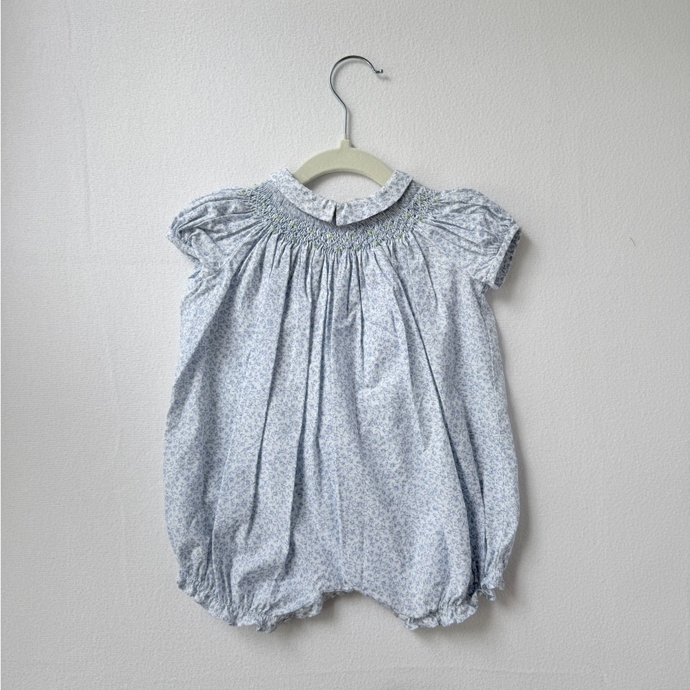 Luli & Me Smocked Blue Floral Bubble, 9m